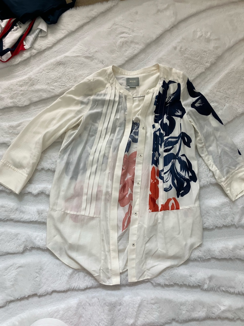 Maeve Cream Blouse with Navy and Coral Floral Print